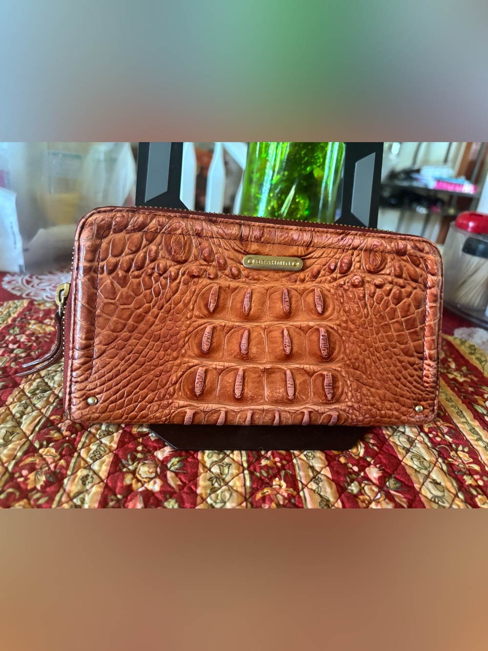 Vintage Brahmin Suri Leather Long Wallet Zip Around Cognac Brown Croc Embossed